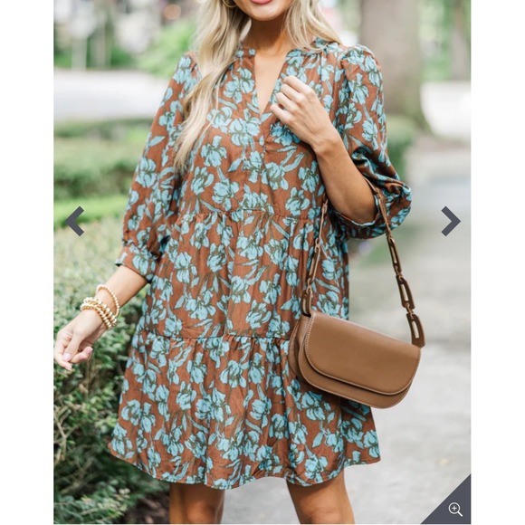 ENTRO Dress Babydoll Brown Blue Ditsy Floral Size Medium -New- - Picture 4 of 16